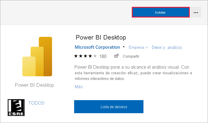 Screenshot of Microsoft Store showing the Power BI Desktop install option.