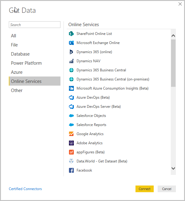 Screenshot of Power BI Desktop showing the Get Data dialog box.