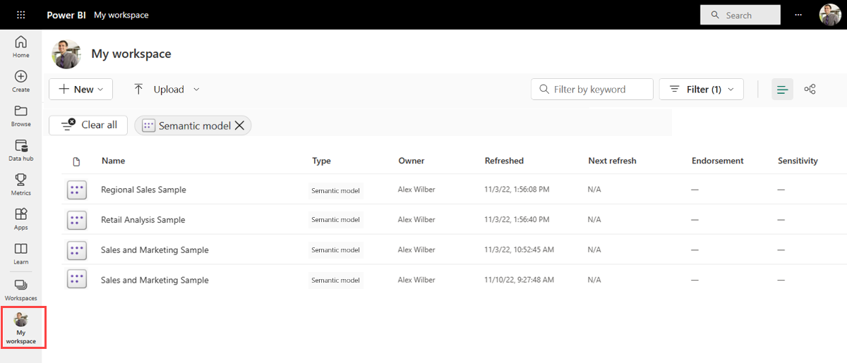 Captura de pantalla de Power BI que muestra un área de trabajo de ejemplo con modelos semánticos seleccionados.