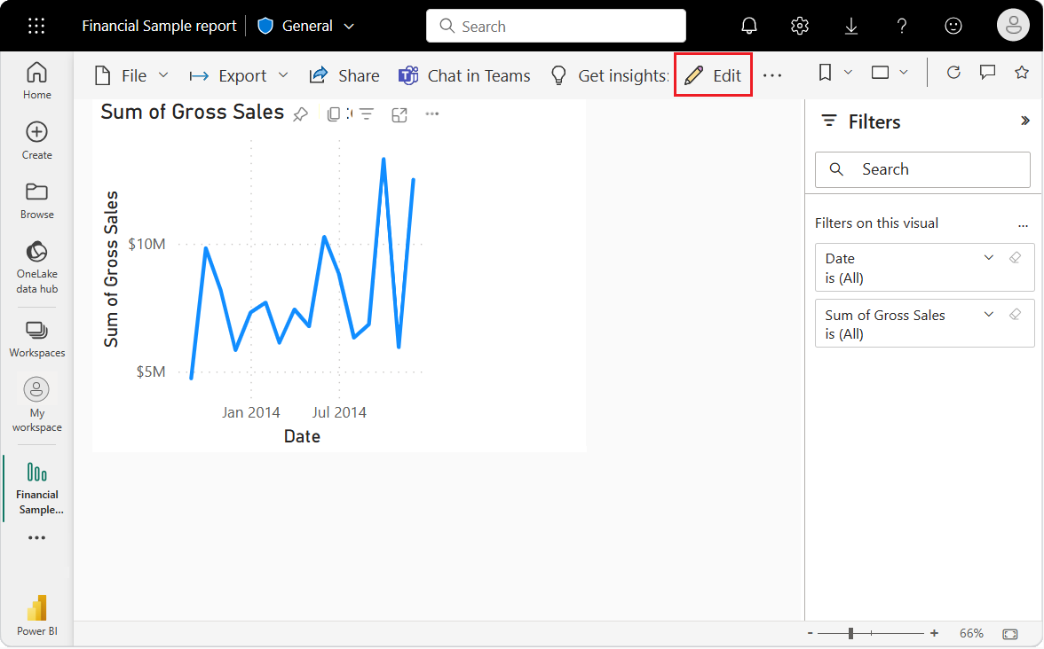 Captura de pantalla que muestra una visualización abierta en el editor de informes y la opción Editar seleccionada.