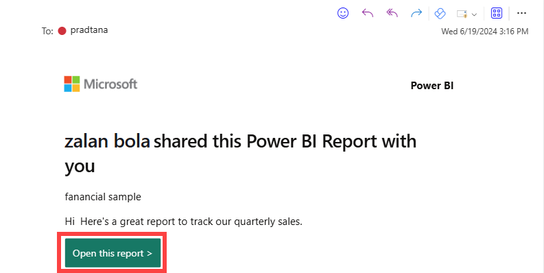 Captura de pantalla de un correo electrónico que contiene un vínculo de Power BI.