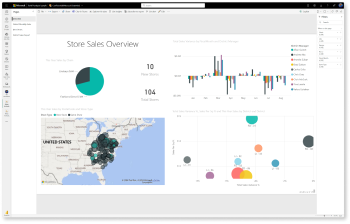 Captura de pantalla en la que se muestra el Ejemplo de análisis de ventas al por menor abierto en la vista de informe del servicio Power BI.