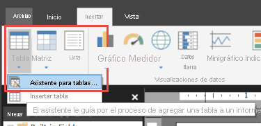 Captura de pantalla de la opción Asistente para tablas.