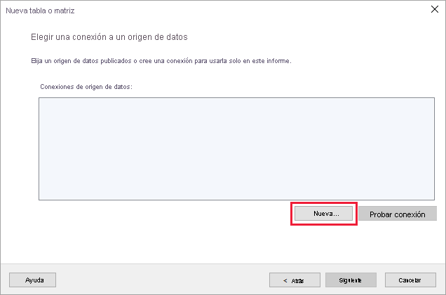 Captura de pantalla que muestra dónde seleccionar Nueva para una conexión de origen de datos.