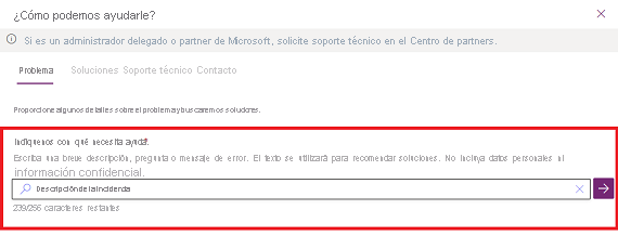 Captura de pantalla de la pestaña Problema, en la que se muestra dónde escribir la descripción del problema.