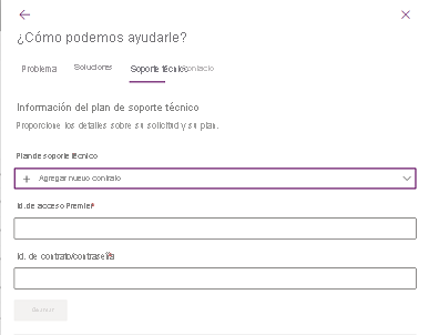 Captura de pantalla de la pestaña Soporte técnico, en la que se muestra dónde seleccionar Agregar nuevo contrato.