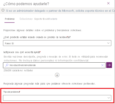Captura de pantalla de la pantalla How can we help (Cómo podemos ayudar), en la que se muestra dónde encontrar el campo Tipo de problema.