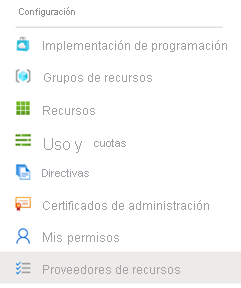 Captura de pantalla de las opciones del menú de configuración, que muestra proveedores de recursos seleccionado.