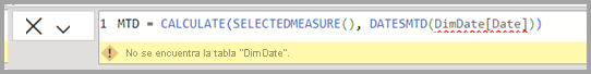Captura de pantalla de una expresión DAX incorrecta.