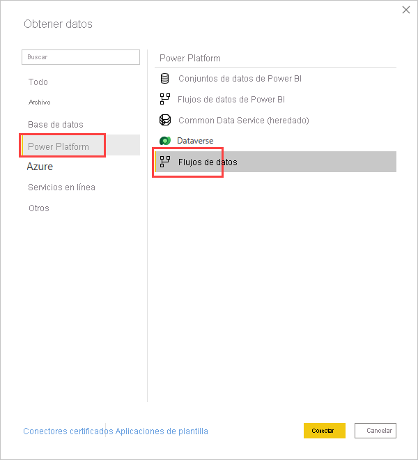 Captura de pantalla de flujos de datos seleccionados en la pestaña Power Platform de la pantalla Obtener datos.