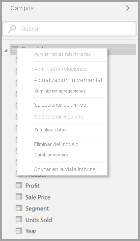 Screenshot of the original context menu for a table in Power BI Desktop.