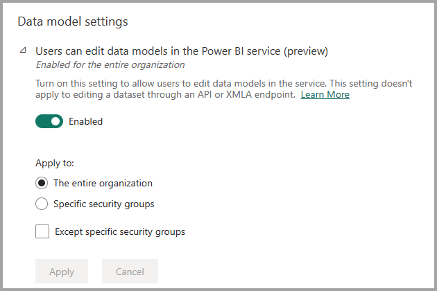 Captura de pantalla de la configuración habilitada del portal de administración para editar modelos de datos en el servicio.