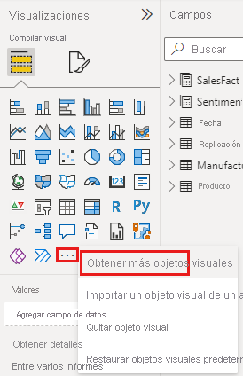 Captura de pantalla de la opción Obtener más objetos visuales del panel Visualizaciones.