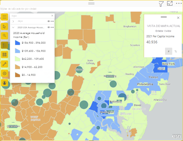 Captura de pantalla que muestra las ventas regionales por tamaño en comparación con los datos del censo de EE. UU.