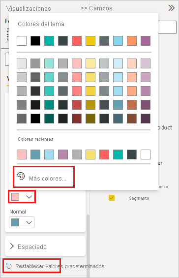 Captura de pantalla que muestra la sección Color de datos con la paleta de colores abierta.