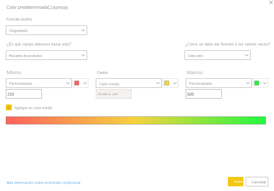 Captura del cuadro de diálogo Color predeterminado con la opción Escala de colores seleccionada.