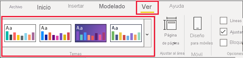 Captura de pantalla de las opciones de tema en el menú Vista.