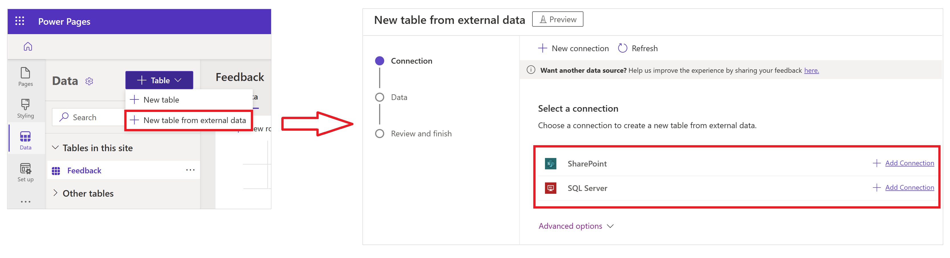 Crear una tabla virtual usando estudio de diseño de Power Pages desde el espacio de trabajo de datos