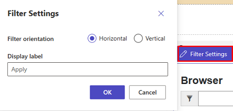 Las opciones del menú de configuración de filtro en Design Studio con el botón de orientación de filtro vertical seleccionado.