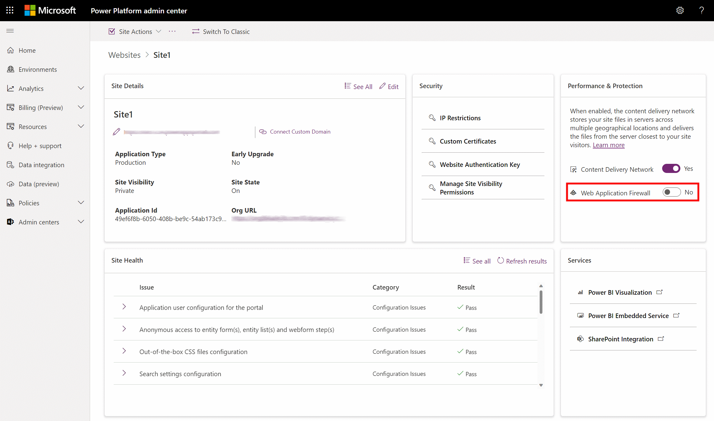 La opción Habilitar Web Application Firewall está deshabilitada dentro del estudio de diseño.