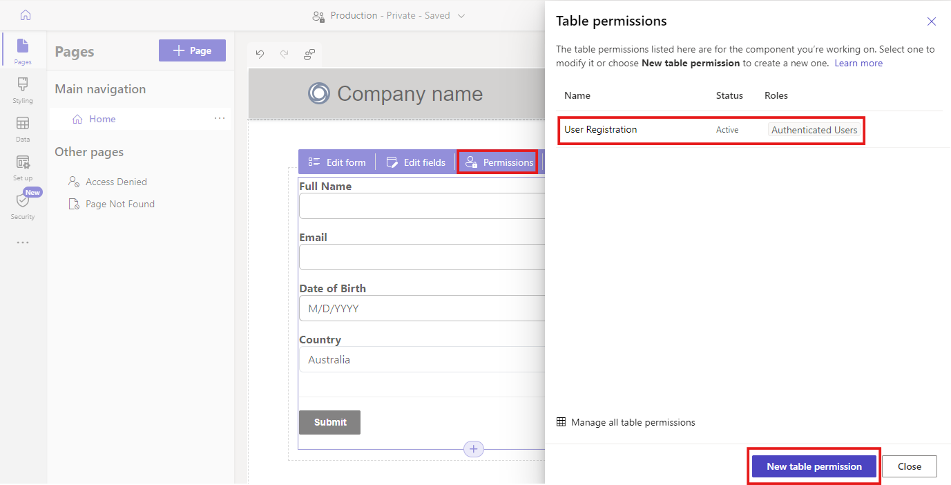 Agregar un permiso de tabla desde un formulario en el estudio de diseño.