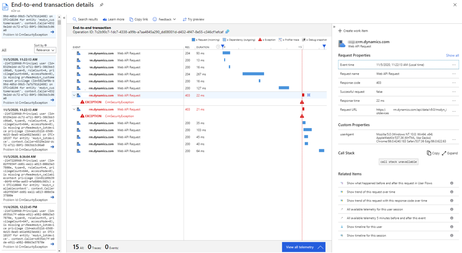 Detalles de errores de Application Insights.