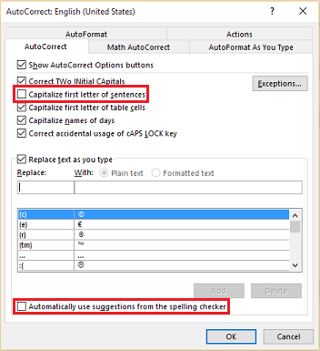 Cancelar la selección de la configuración de Autocorrección.