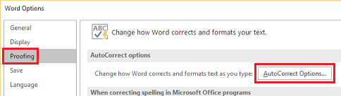 En Word, seleccione Revisión > Opciones de autocorrección.