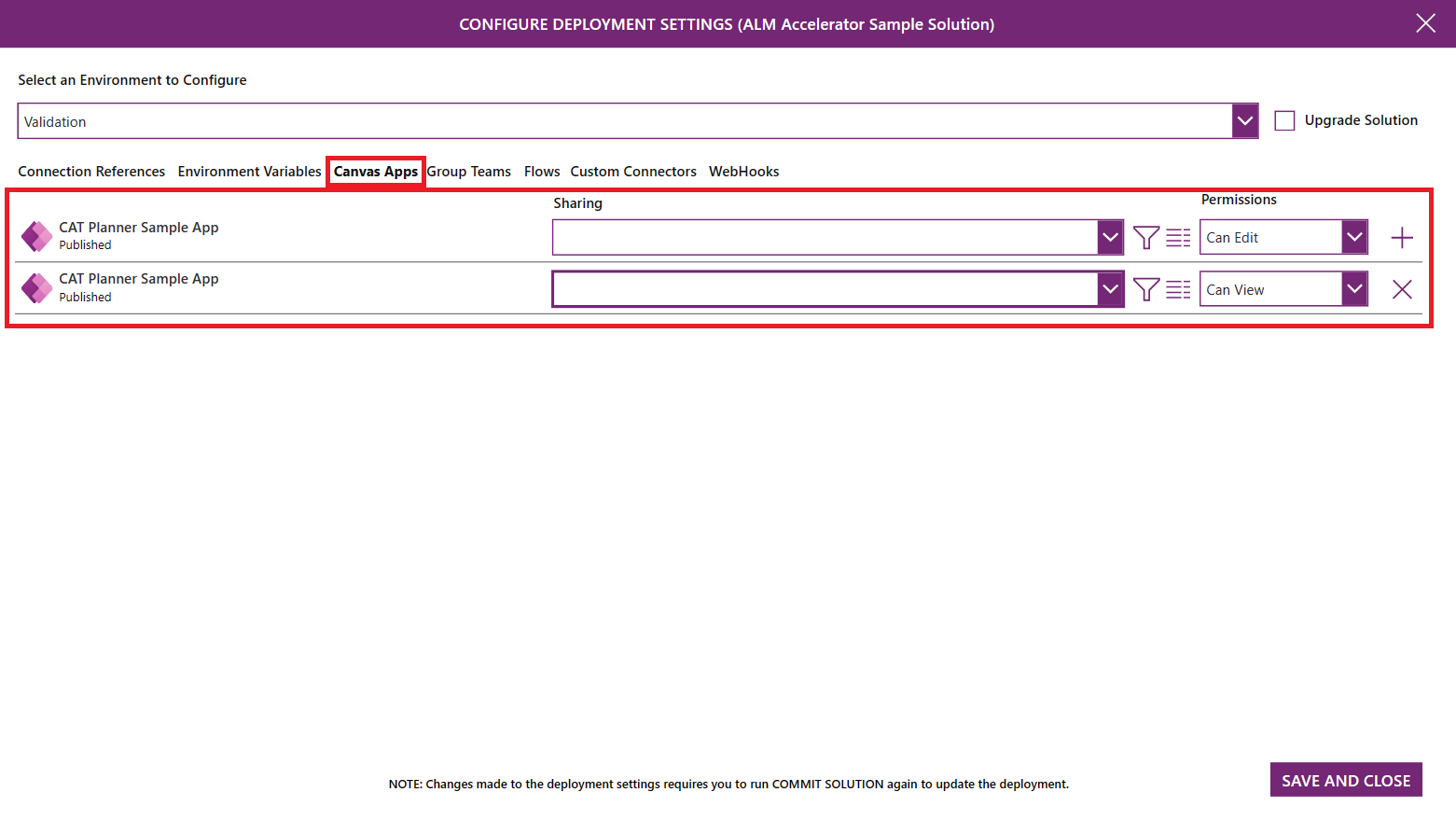 Captura de pantalla de la configuración de uso compartido de la aplicación en ALM Accelerator.