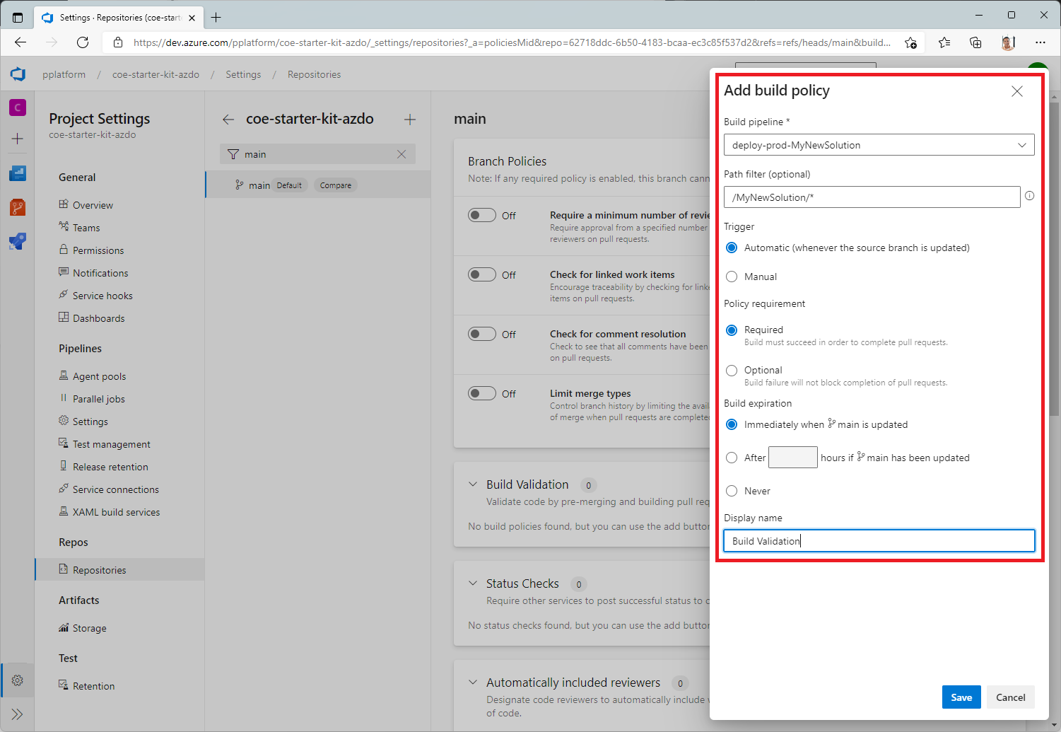 Captura de pantalla de la selección de configuraciones para una política de compilación de validación.