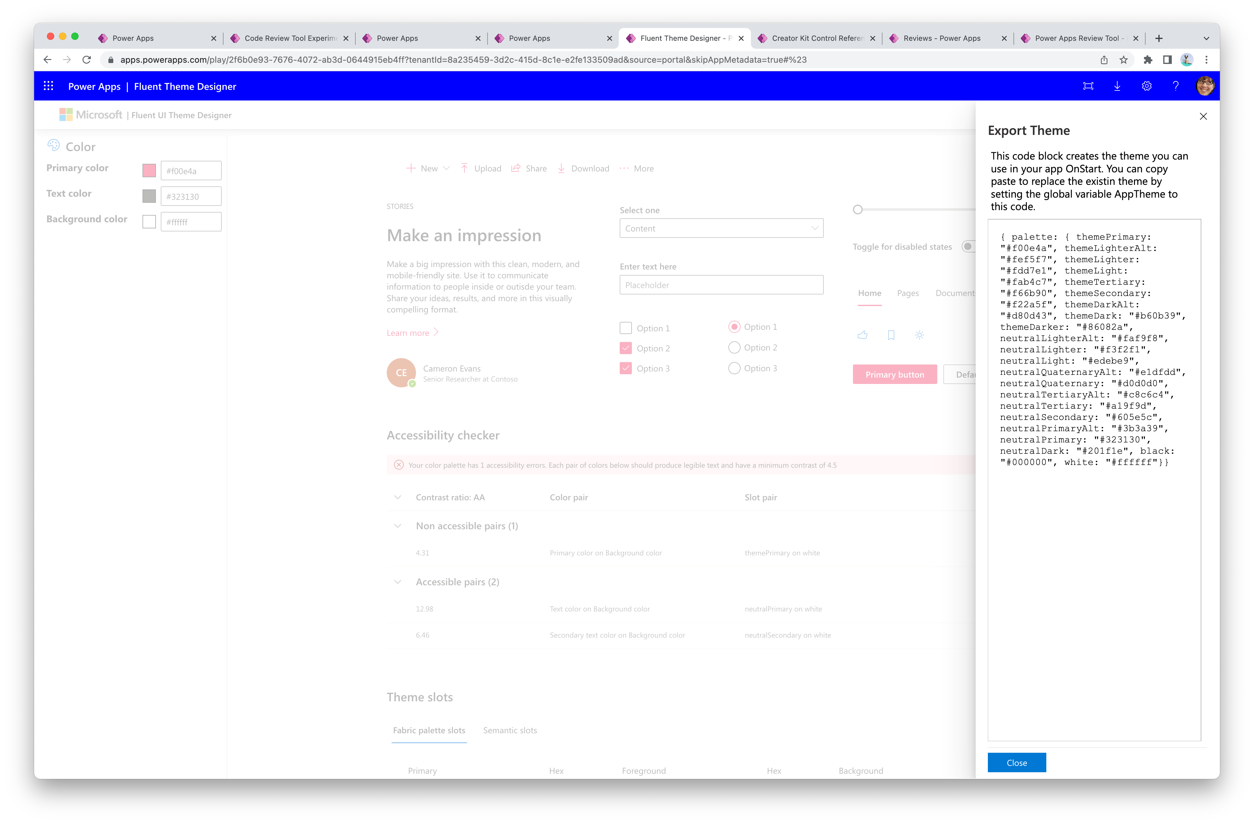 La aplicación Editor de temas ha generado el Theme JSON.