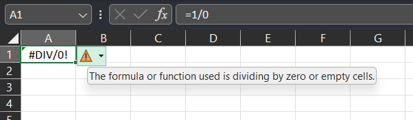 Una hoja de cálculo de Excel con A1=1/0 y #DIV/0! se muestra en la celda