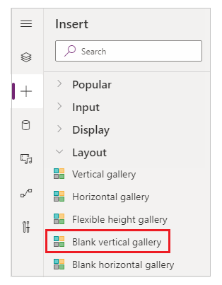 Insertar un control de galería con un diseño vertical en blanco.