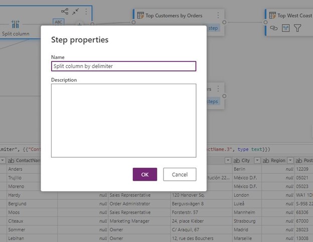 En la vista de diagrama, se muestra un modal donde se pueden editar las propiedades y la descripción de los pasos.