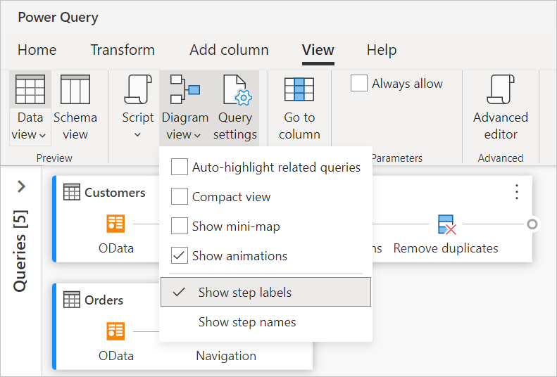 El aviso muestra la configuración de la vista de diagrama tras abrirla desde el botón de vista de diagrama.