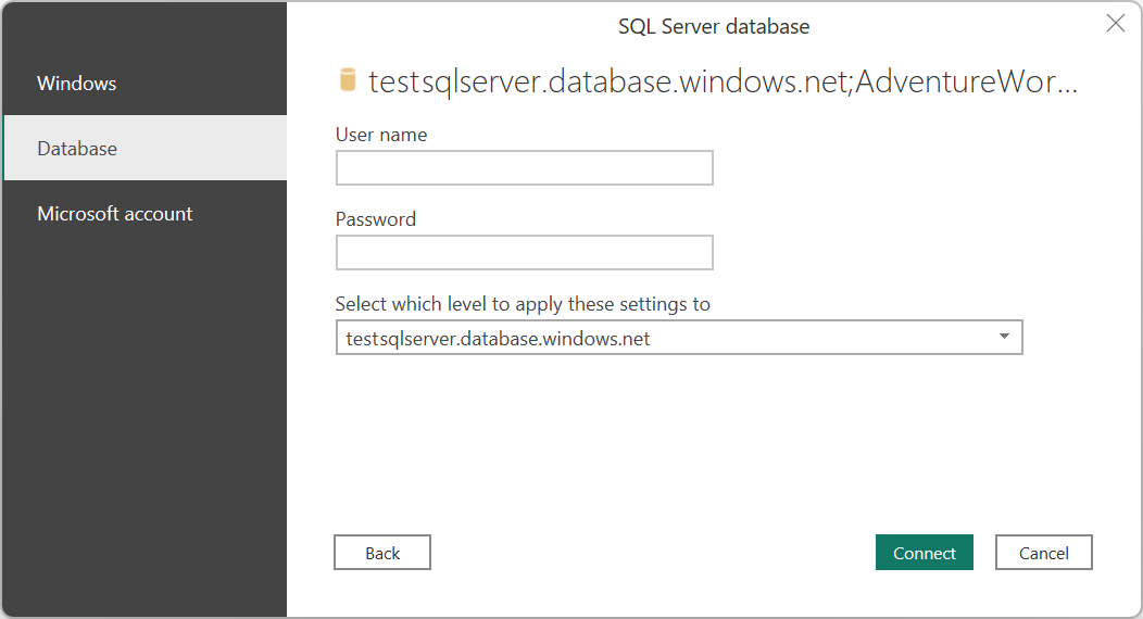 Captura de pantalla de los métodos de autenticación del conector de base de datos de SQL Server.