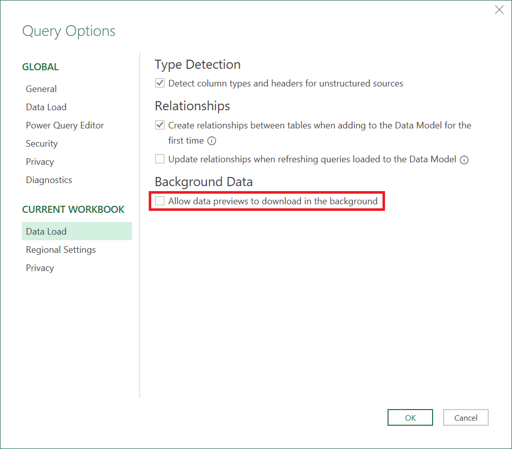 Imagen que muestra las opciones de consulta en Excel con el análisis de fondo deshabilitado.