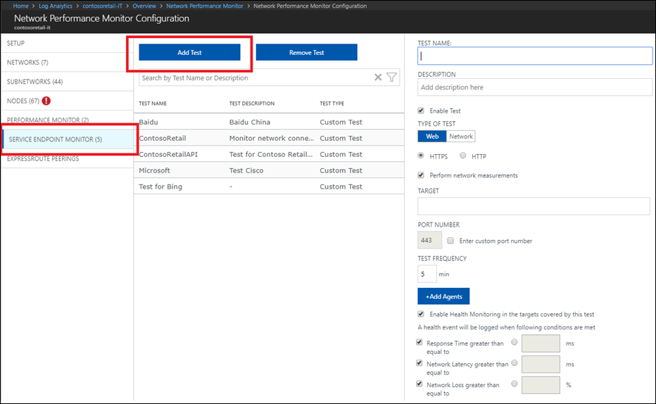 Configuraciones de prueba del Monitor de conectividad de servicio