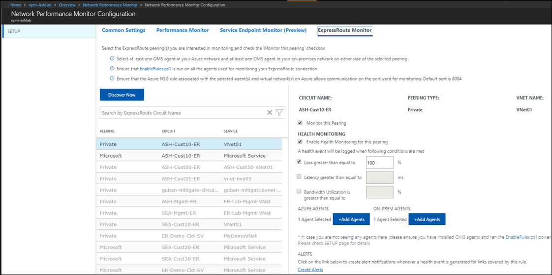 Página Configuración de Network Performance Monitor