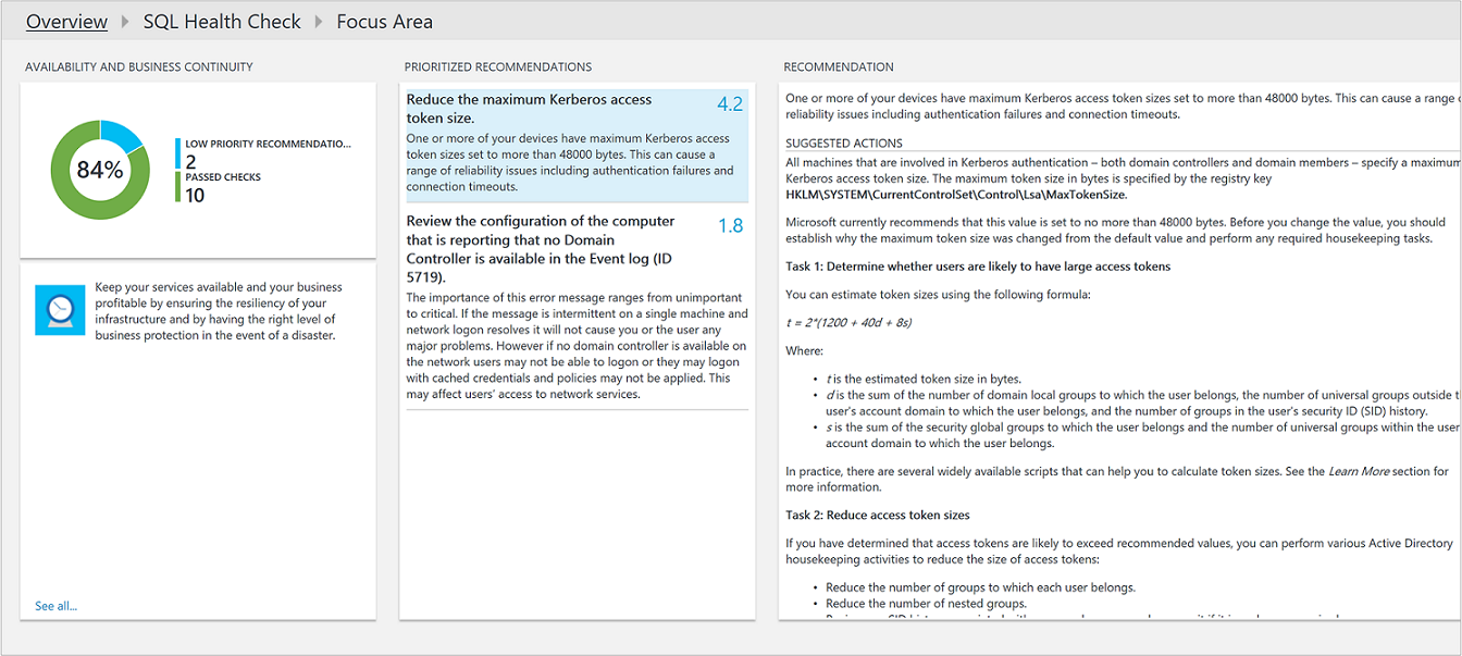 imagen de las recomendaciones de SQL Health Check