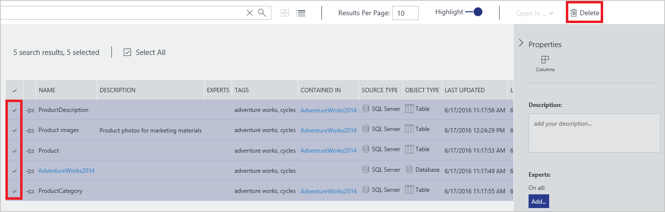 Azure Data Catalog: eliminar varios recursos de datos