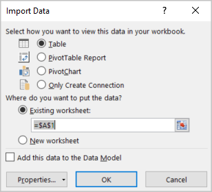 En el cuadro de diálogo Importar datos, Aceptar aparece seleccionado.