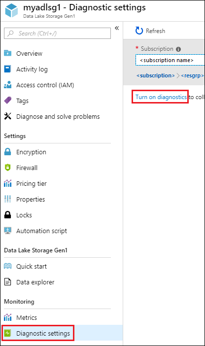 Captura de pantalla de la cuenta de Data Lake Storage Gen 1 con la opción Configuración de diagnóstico y la opción Activar diagnósticos seleccionadas.