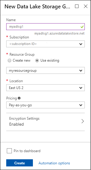 Creación de una nueva cuenta de Azure Data Lake Storage Gen1