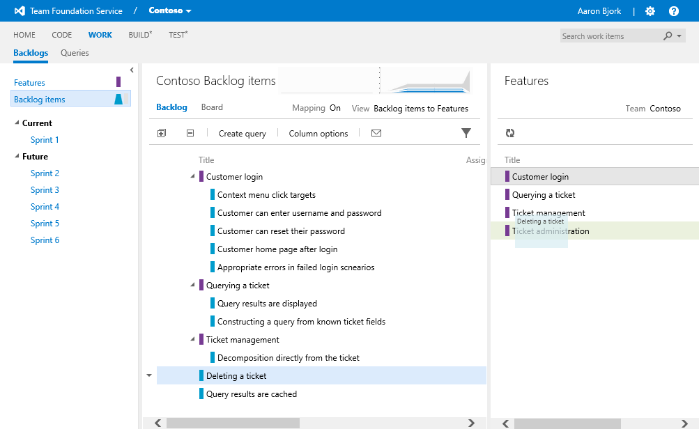 Dropping a backlog item on a feature in the mapping pane