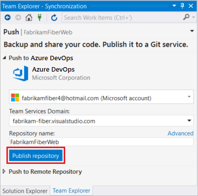 Publish your VS project to a new Git repo in Azure Repos