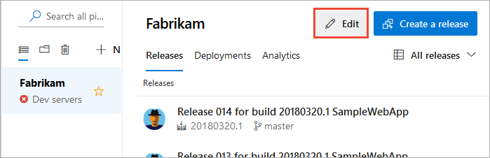 A screenshot showing the edit button for release pipelines.