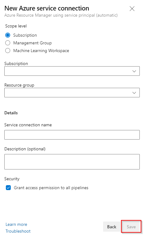 Screenshot showing the new ARM service connection form.