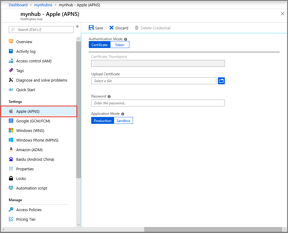 Configuración del certificado de APNs en Azure Portal