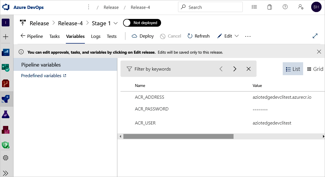 Configuración de las variables para la canalización de versión en la pestaña Variables